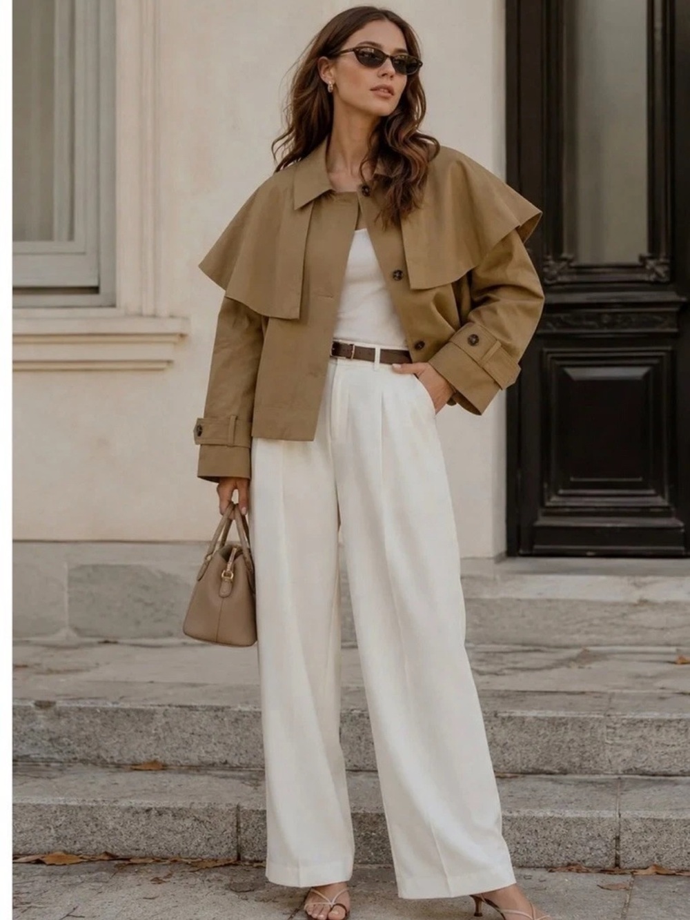 NWT Caroline Constas Cropped Cape
Trench Jacket Coat Khaki Tan